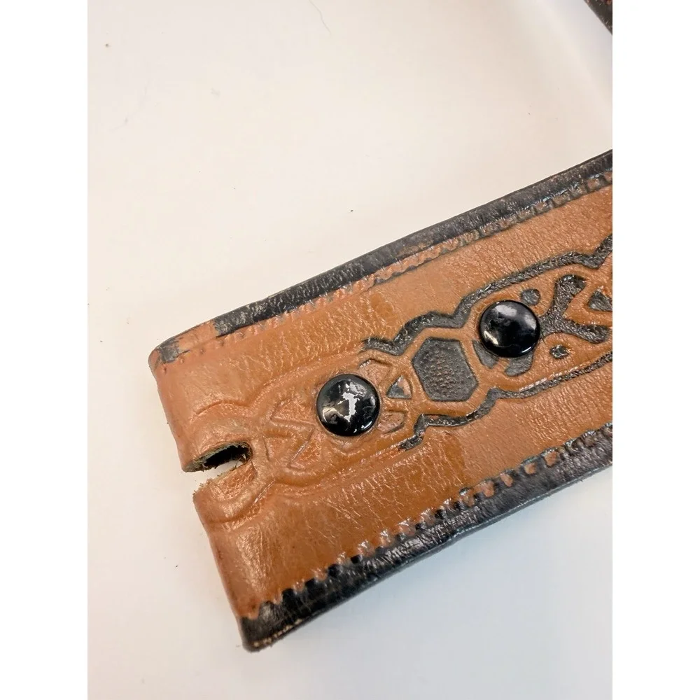 Hand Tooled Leather Belt Black Geometric Accents Vintage 38